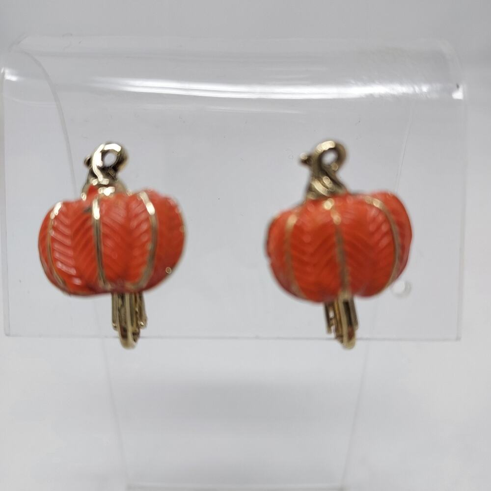 Vintage Pumpkin Gold Tone Enamel Clip On Earrings 1980s Signed TJG .5"